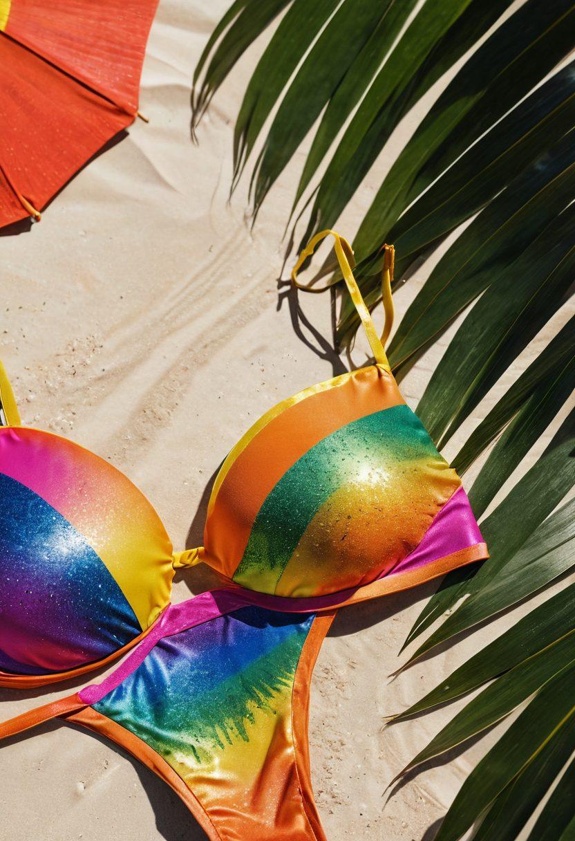 A close-up of a shimmering Brazilian bikini in vibrant colors, elegantly displayed on a sandy beach. The background features enticing tropical elements, such as palm trees and exotic flowers, adding to the allure. Subtle hints of adult entertainment aesthetics, like artistic silhouettes or elegant beach umbrellas, create a seductive atmosphere. The scene is bathed in warm golden sunlight to evoke a sense of sensuality and summer vibes. hyper-realistic. vibrant colors. tropical theme.